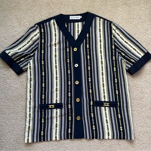 Vintage 80s Italian Chain Print Blouse Blue Ivory Gold Glam Shirt